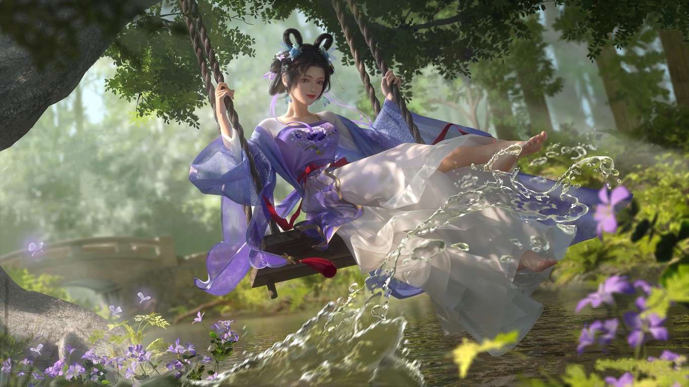 秋千 水花 森林 古装女孩 小桥流水 3D 4K 高清 壁纸