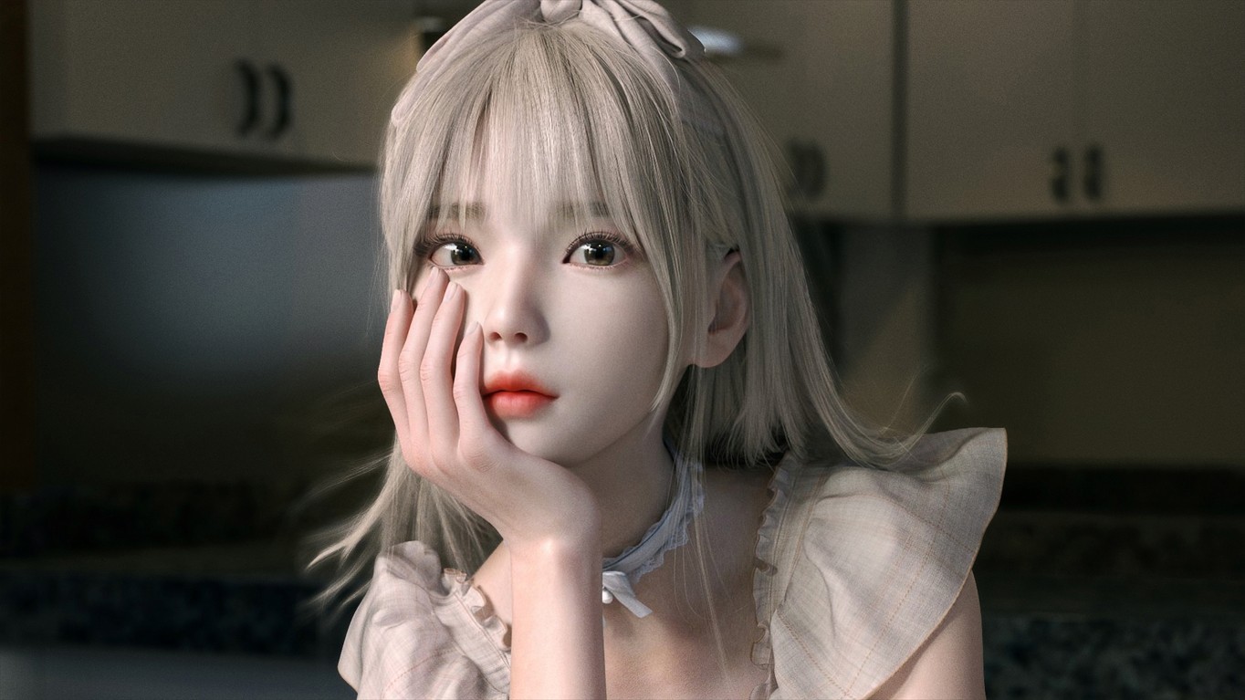 女孩 蝴蝶结白裙 餐桌 厨房 3D 4K高清壁纸