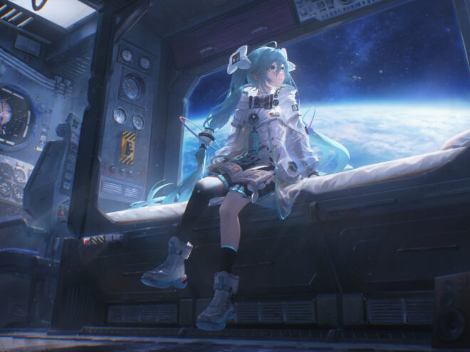 动漫女孩初音未来 太空舱 星星 星球 4K高清壁纸 3840×2160